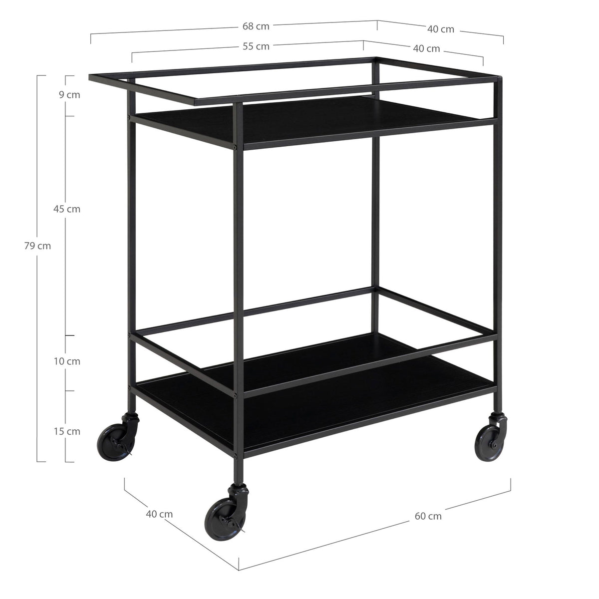 Barwagen Vita 79cm aus Metall mit 2 Ablagen - Schwarz