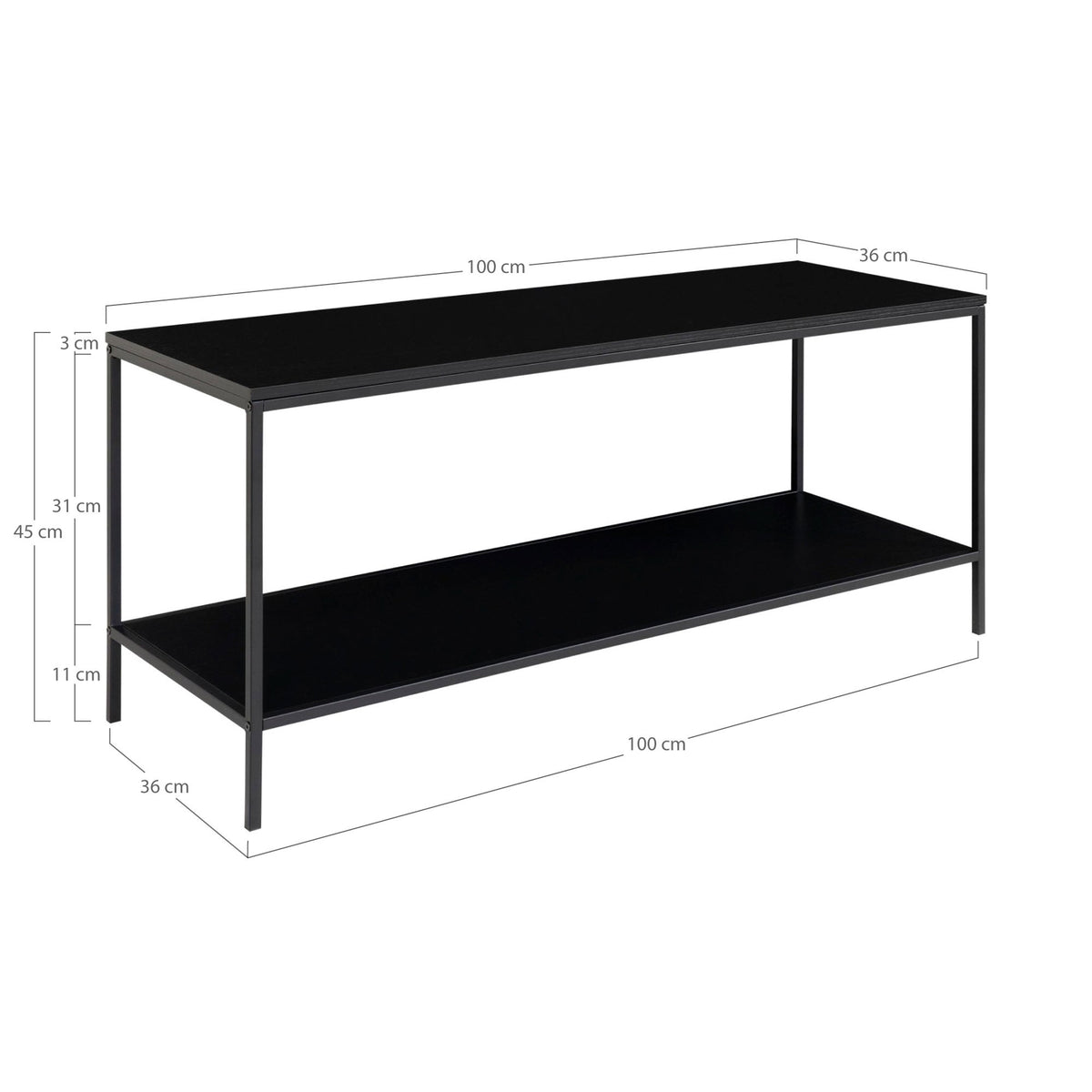 TV-Lowboard Vita 100cm aus Metall mit 2 Ablageböden - Schwarz