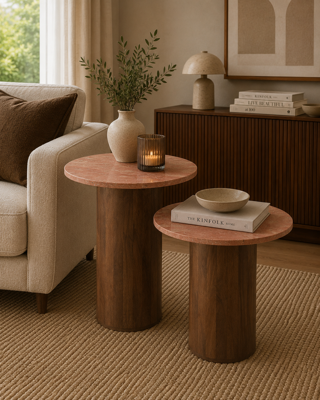 2er-Set Beistelltische Arte aus Marmor und Mangoholz Ø56cm - Terrakotta/Braun-Beistelltische-J-Line-le canapé