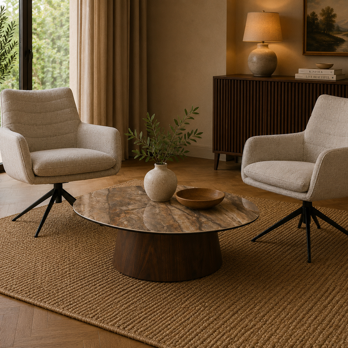 Couchtisch Onyx Oval 100cm mit Keramikplatte - Beige