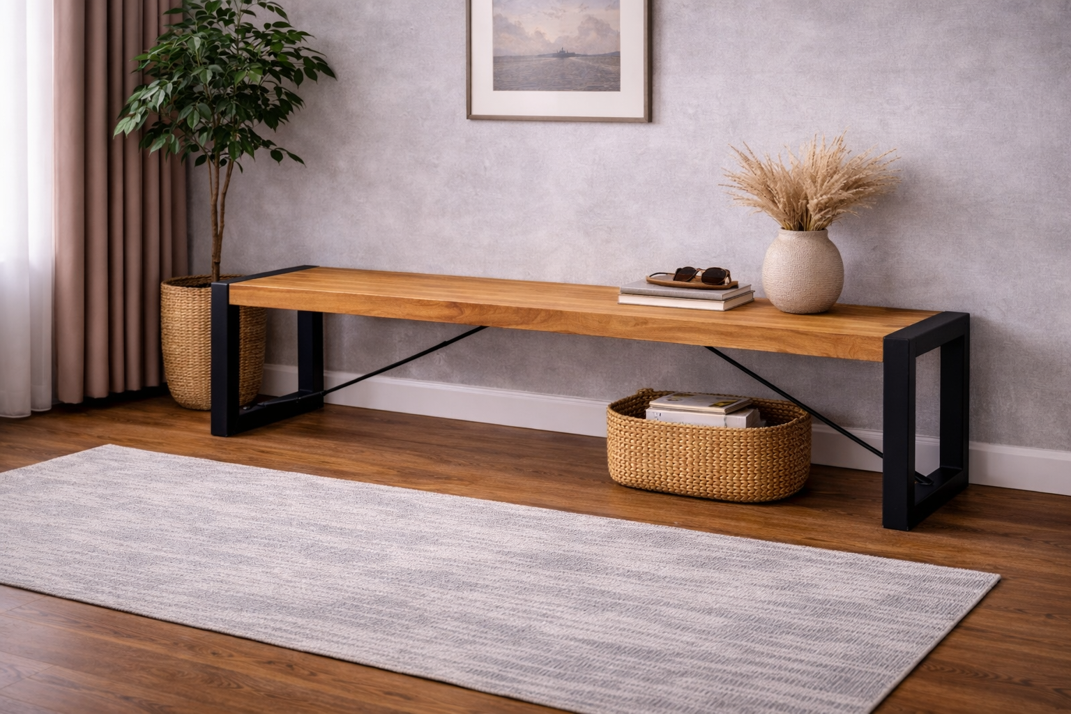 Sitzbank Britt aus Mangoholz 160cm mit Stahlrahmen - Hellbraun