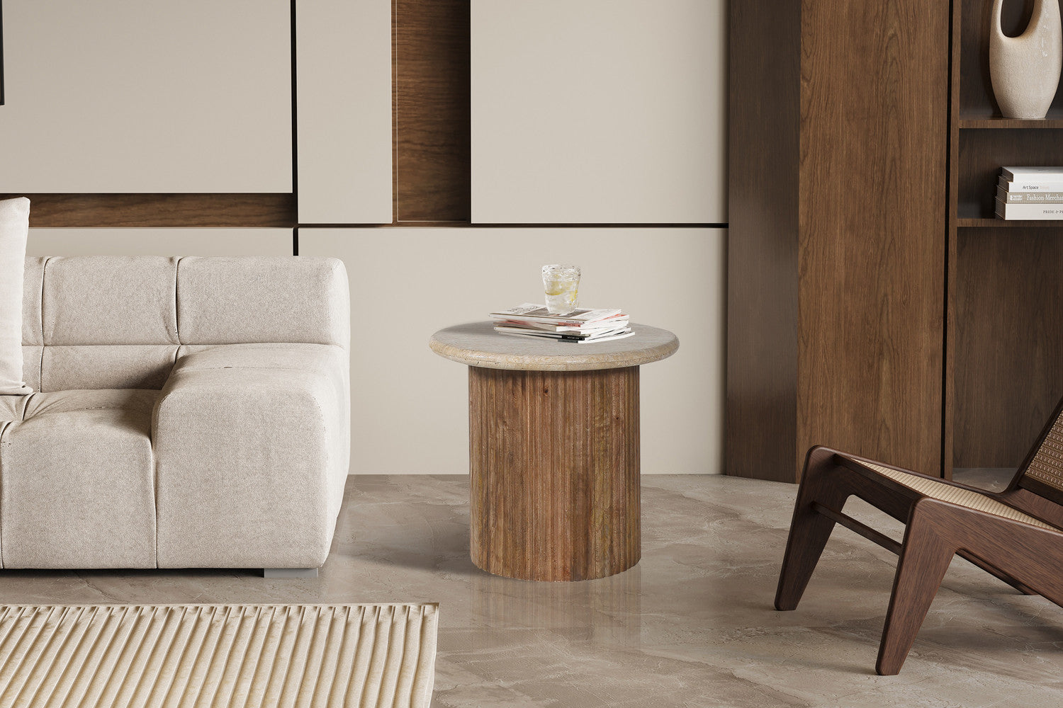 Beistelltisch Louis Ø50cm mit Travertin-Steinplatte - Beige-Beistelltisch-Rousseau-le canapé