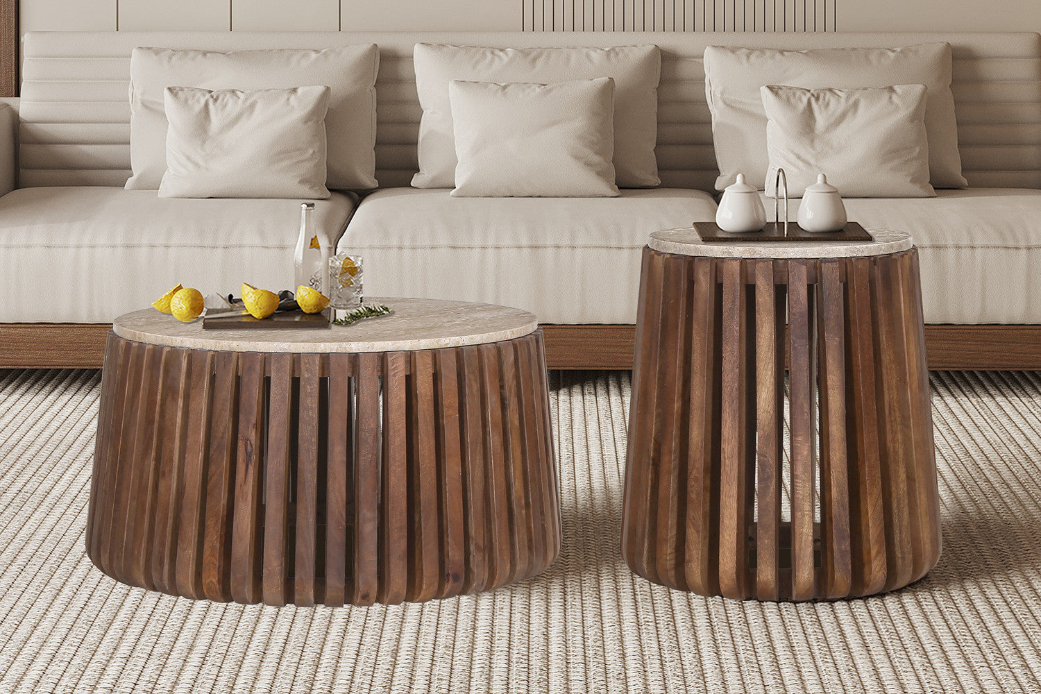 Couchtisch Luuk Ø70cm mit Travertin-Steinplatte - Braun/Beige-Couchtisch-Rousseau-le canapé