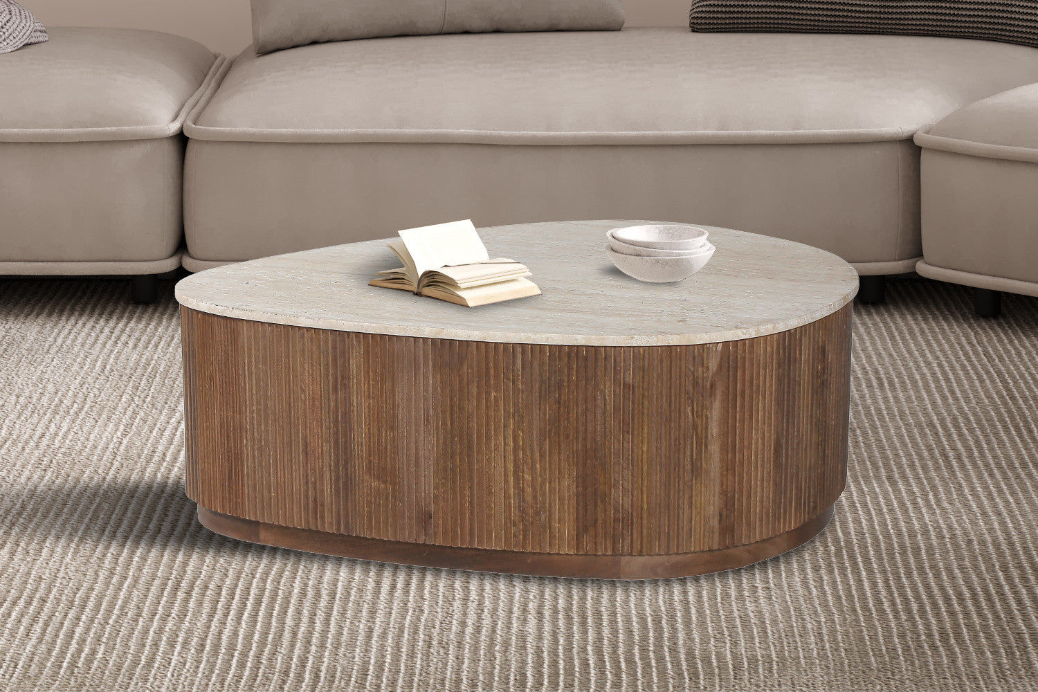 Couchtisch Nolan mit Travertin-Steinplatte - Beige-Couchtisch-Rousseau-le canapé