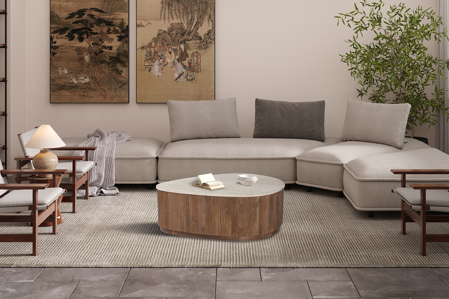 Couchtisch Nolan mit Travertin-Steinplatte - Beige-Couchtisch-Rousseau-le canapé
