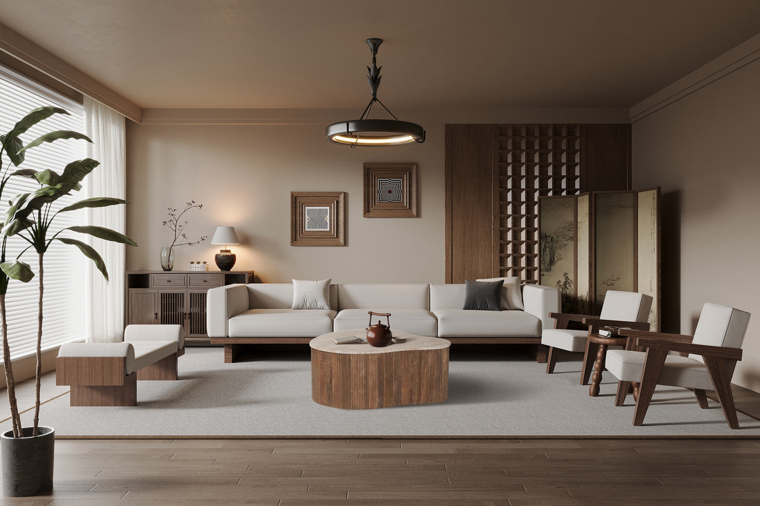 Couchtisch Paul mit Travertin-Steinplatte - Beige-Couchtisch-Rousseau-le canapé