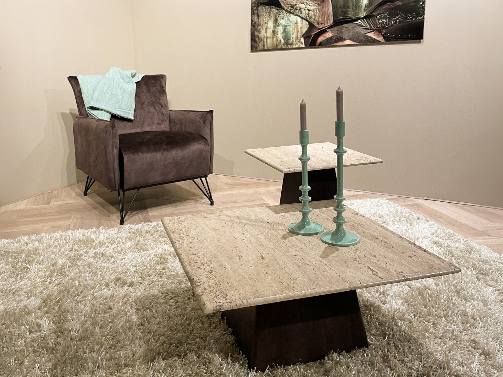Couchtisch Valentino Ø45cm mit Travertin-Tischplatte - Beige/Braun-Couchtisch-Livingfurn-le canapé