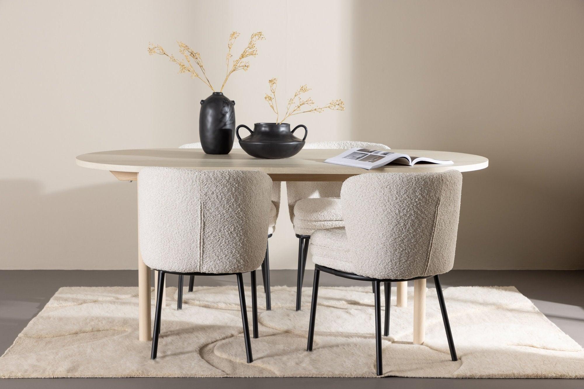 Essgruppe Esstisch Andy 180*90cm mit Stühlen Agnes aus Teddy-Bouclé - Beige-Essgruppen Oval-Venture Home-le canapé