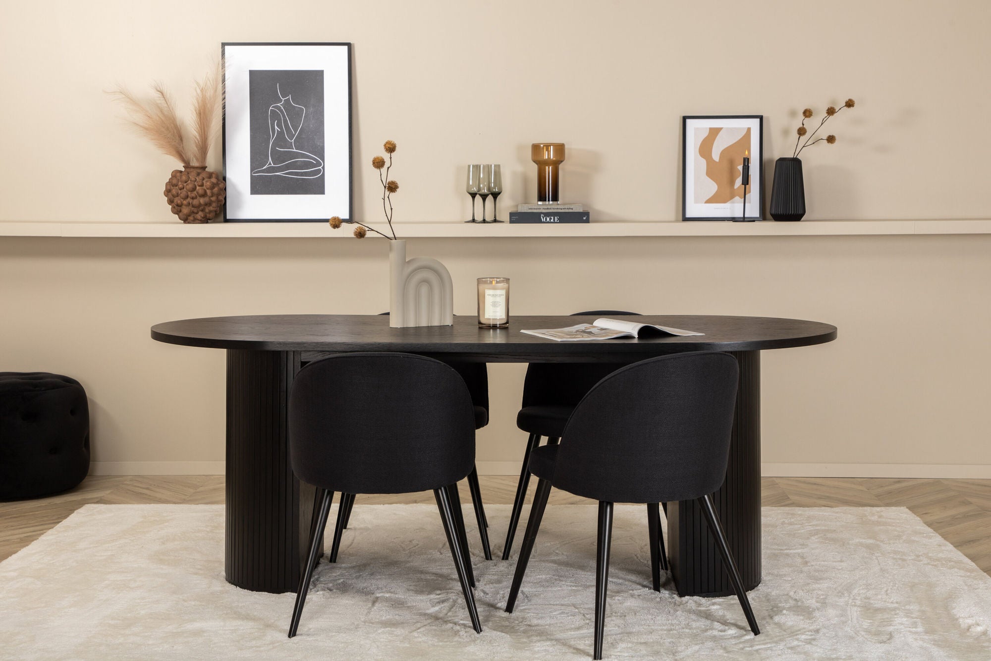 Essgruppe Esstisch Bianca Oval 200cm mit Stühlen Velvet - Schwarz-Essgruppen Oval-Venture Home-le canapé