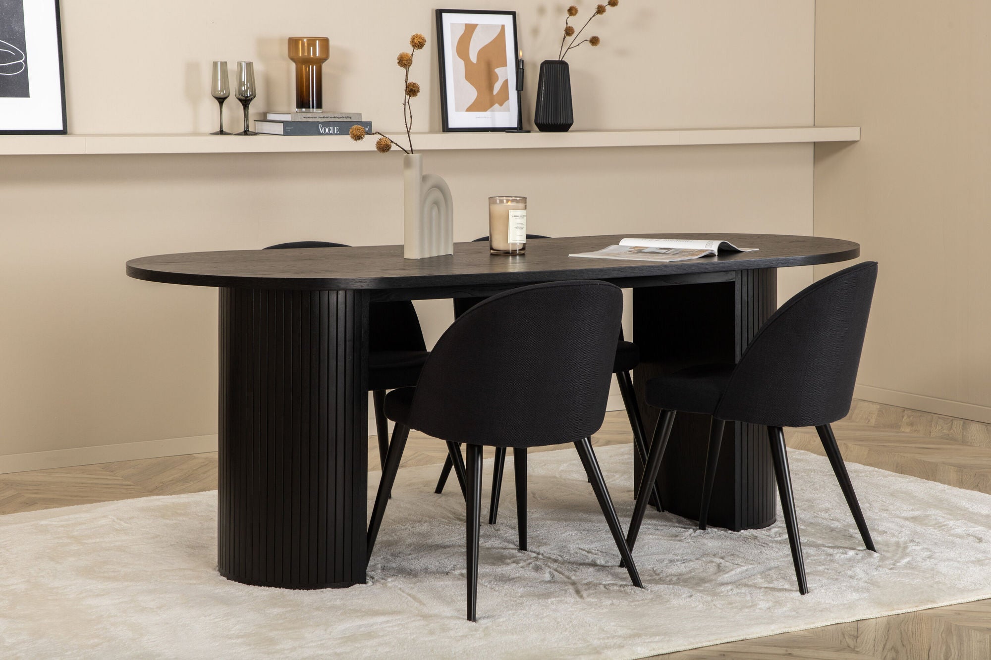 Essgruppe Esstisch Bianca Oval 200cm mit Stühlen Velvet - Schwarz-Essgruppen Oval-Venture Home-le canapé
