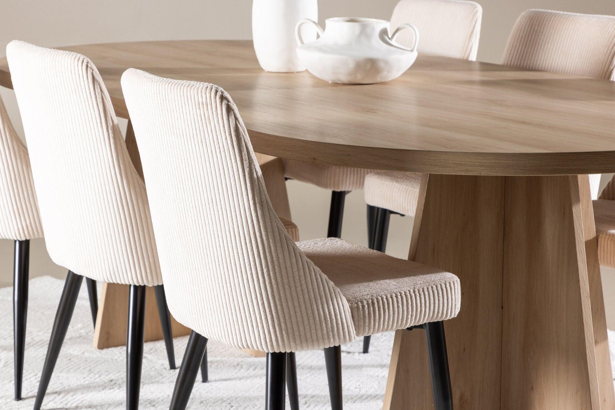 Essgruppe Esstisch Bootcut 230*115cm mit Stühlen Leone aus Kord - Hellbraun/beige-Essgruppen Oval-Venture Home-le canapé