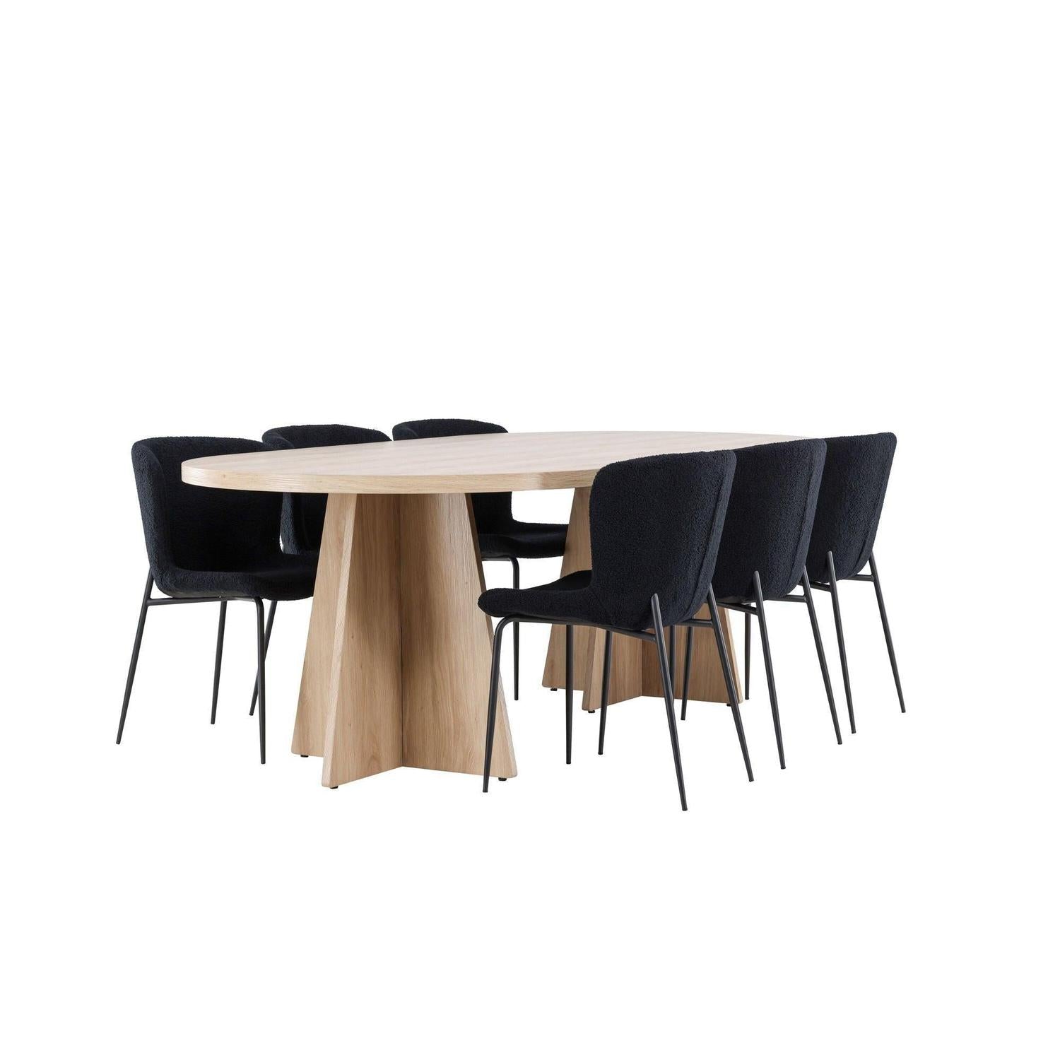 Essgruppe Esstisch Bootcut 230*115cm mit Stühlen Modesto aus Teddy-Bouclé - Hellbraun/Schwarz-Essgruppen Oval-Venture Home-le canapé