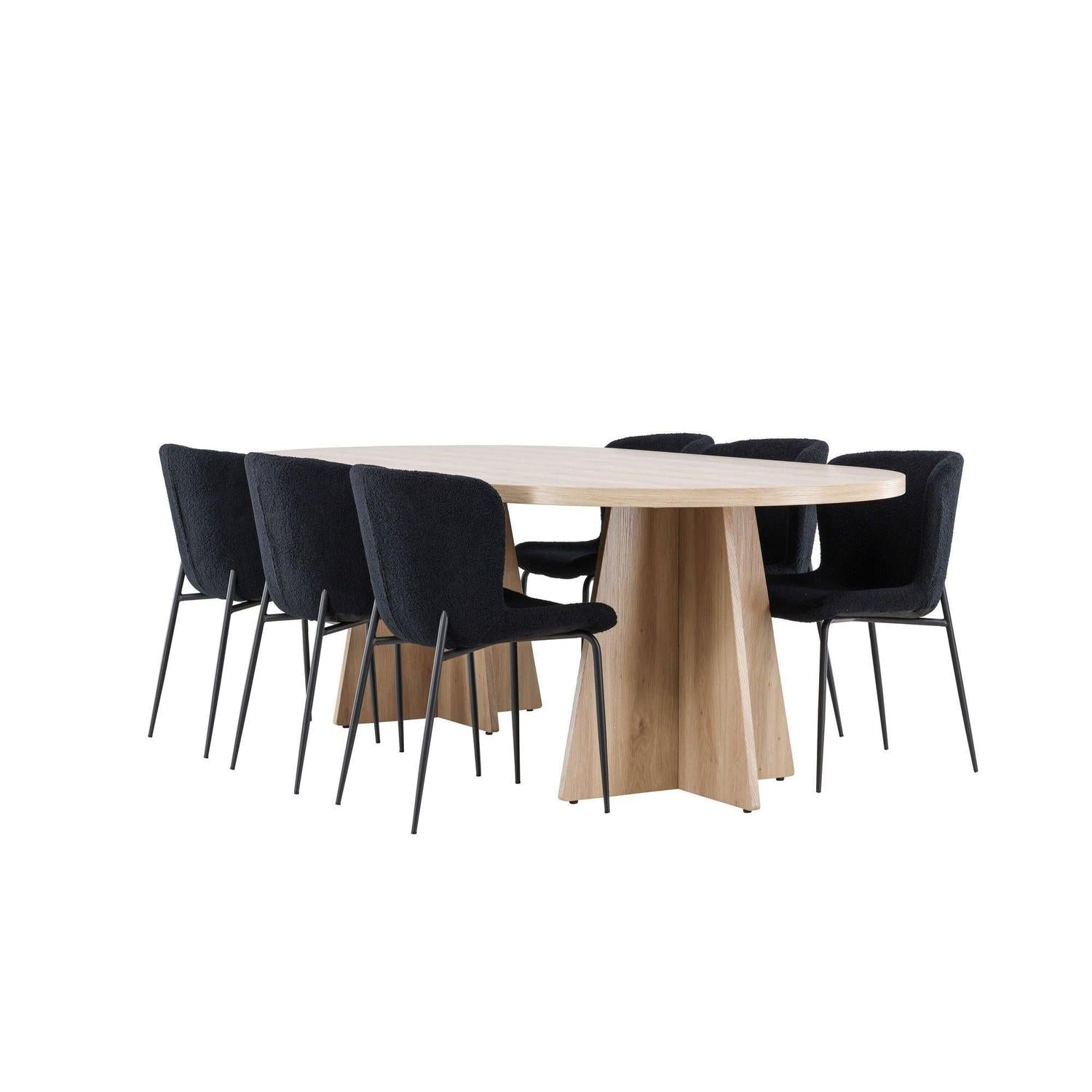 Essgruppe Esstisch Bootcut 230*115cm mit Stühlen Modesto aus Teddy-Bouclé - Hellbraun/Schwarz-Essgruppen Oval-Venture Home-le canapé