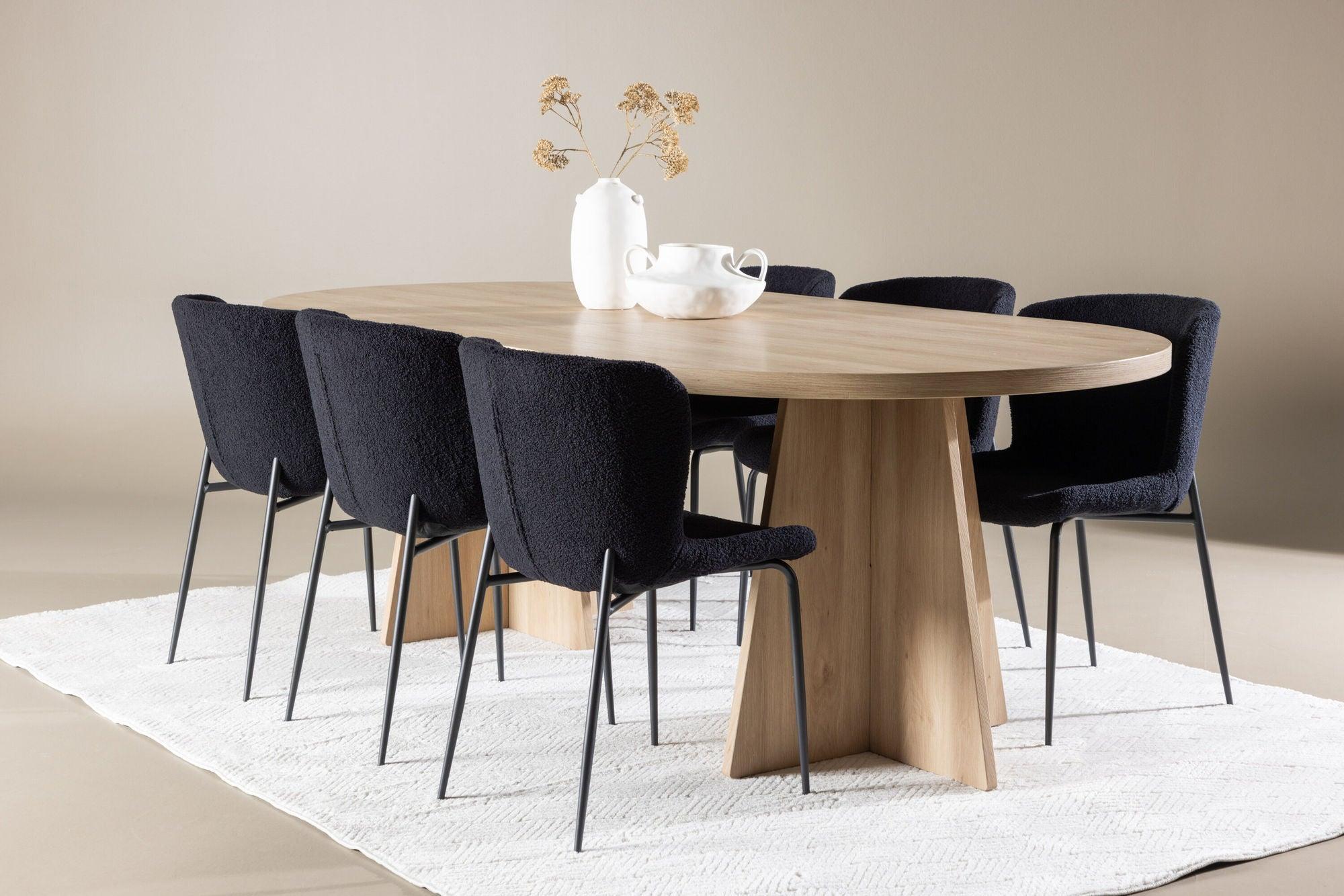 Essgruppe Esstisch Bootcut 230*115cm mit Stühlen Modesto aus Teddy-Bouclé - Hellbraun/Schwarz-Essgruppen Oval-Venture Home-le canapé