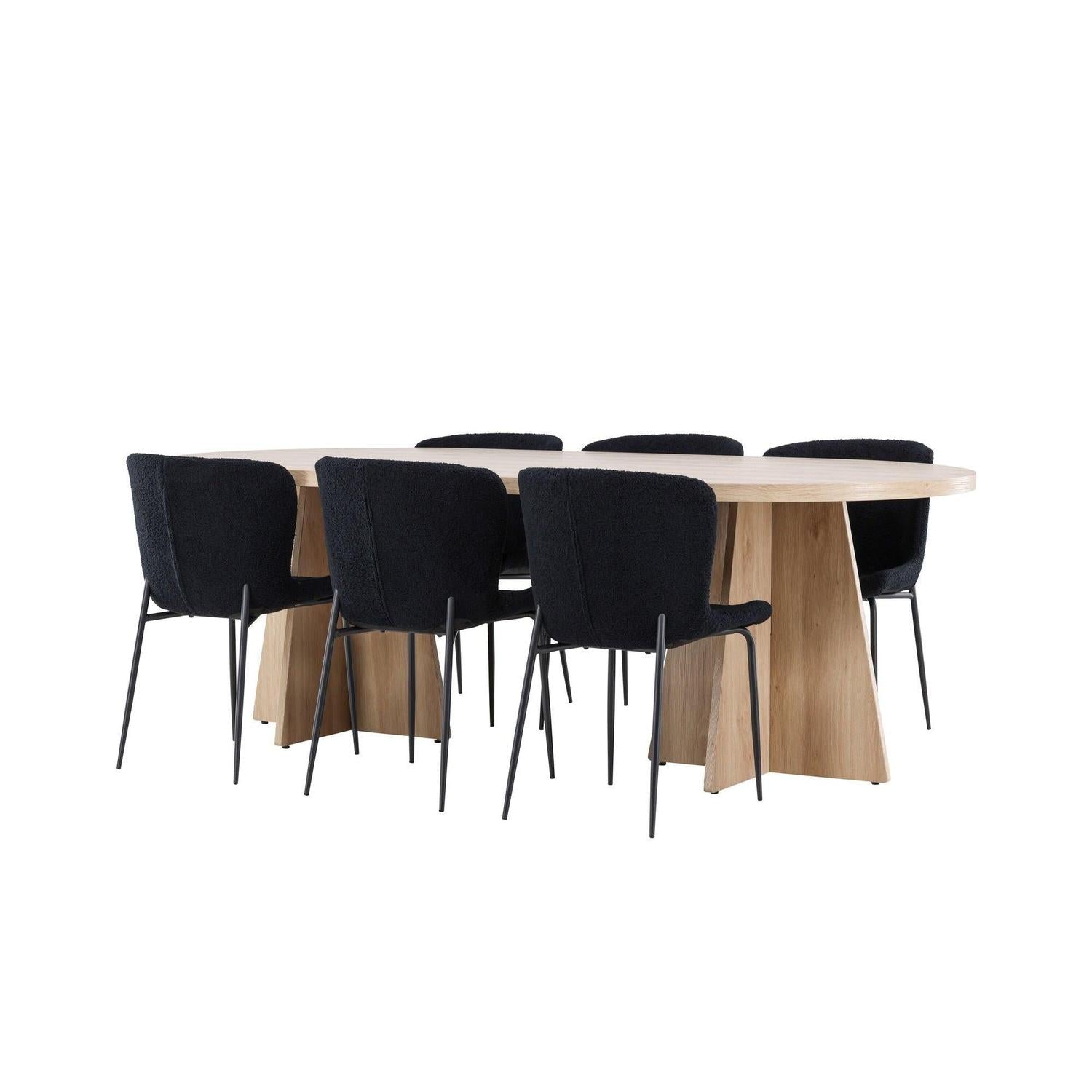 Essgruppe Esstisch Bootcut 230*115cm mit Stühlen Modesto aus Teddy-Bouclé - Hellbraun/Schwarz-Essgruppen Oval-Venture Home-le canapé