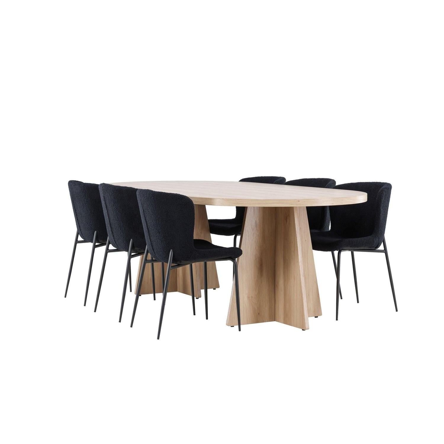 Essgruppe Esstisch Bootcut 230*115cm mit Stühlen Modesto aus Teddy-Bouclé - Hellbraun/Schwarz-Essgruppen Oval-Venture Home-le canapé