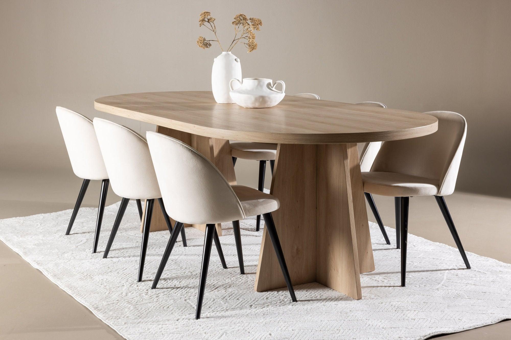 Essgruppe Esstisch Bootcut 230*115cm mit Stühlen Velvet aus Samt - Hellbraun/Beige-Essgruppe Oval-Venture Home-le canapé