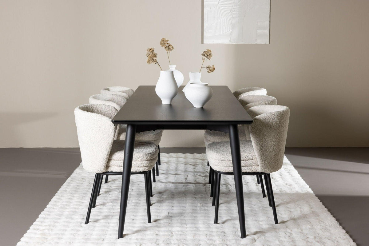Essgruppe Esstisch Ellis 230*85cm mit Stühlen Agnes aus Teddy-Boucle-Essgruppen Rechteckig-Venture Home-le canapé