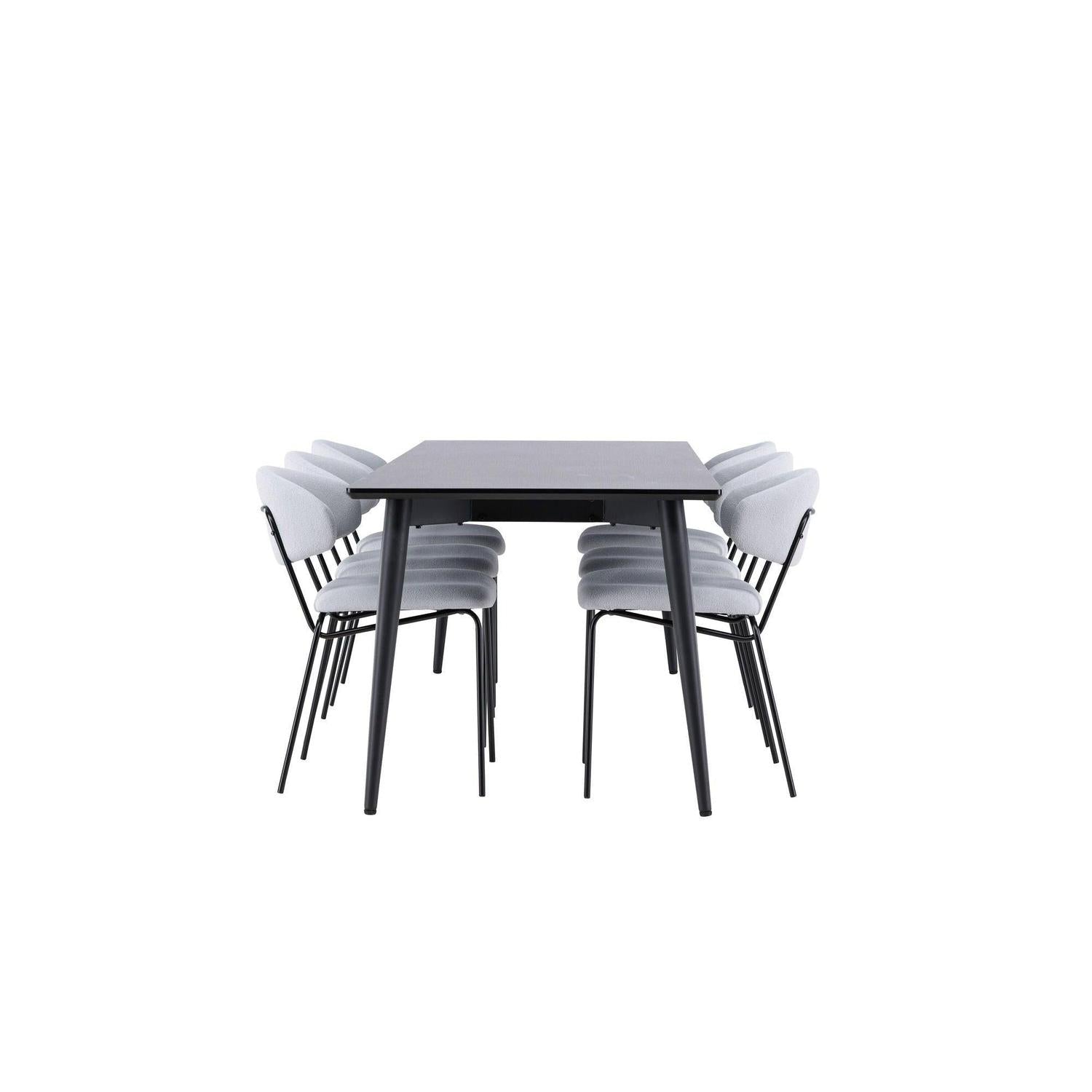 Essgruppe Esstisch Ellis 230*85cm mit Stühlen Chico aus Teddy-Bouclé - Schwarz/Grau-Essgruppen Rechteckig-Venture Home-le canapé
