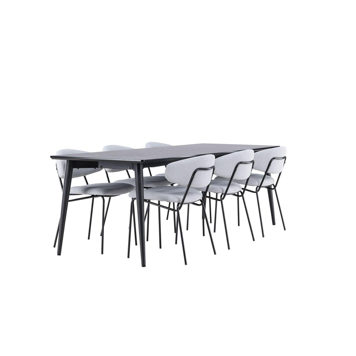 Essgruppe Esstisch Ellis 230*85cm mit Stühlen Chico aus Teddy-Bouclé - Schwarz/Grau-Essgruppen Rechteckig-Venture Home-le canapé