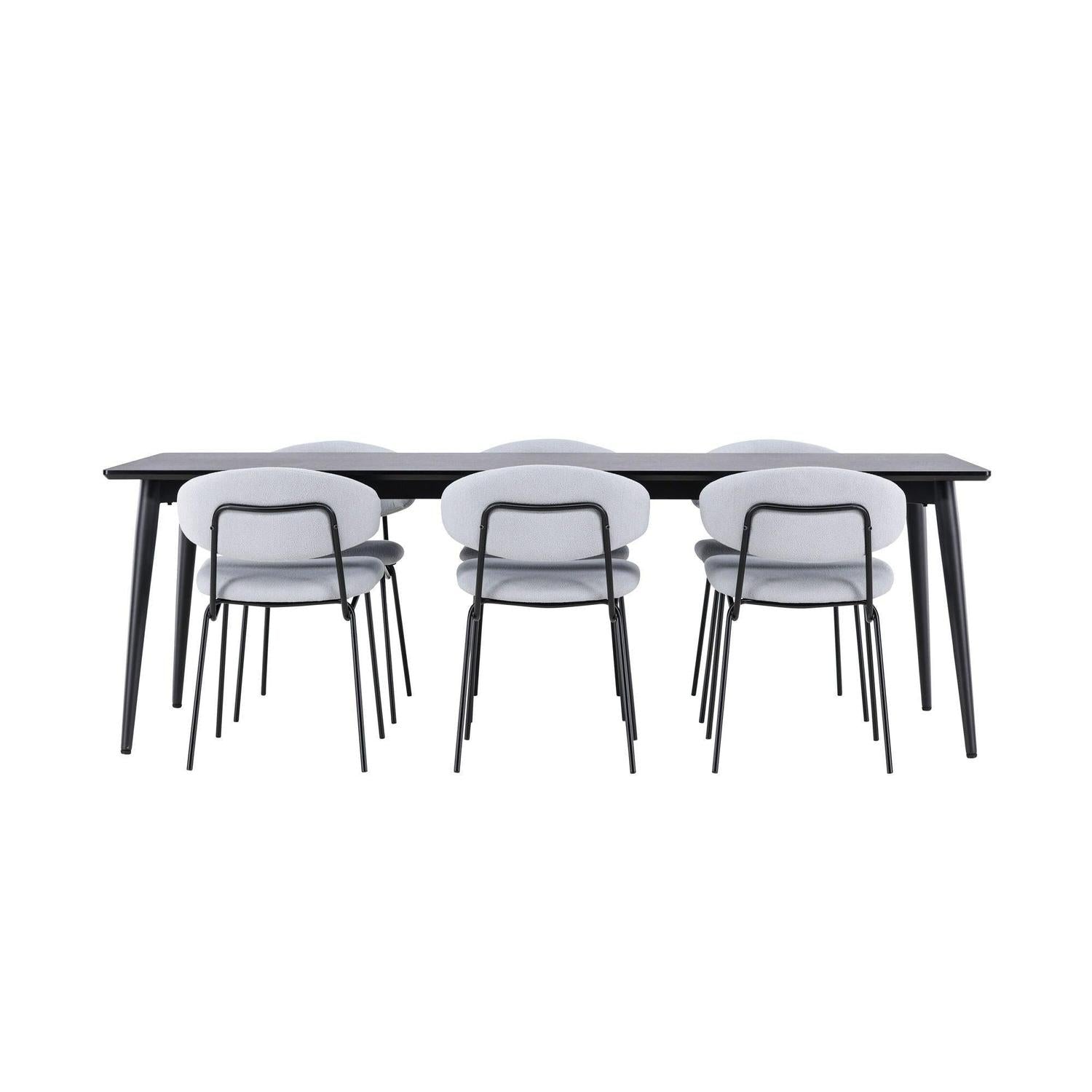 Essgruppe Esstisch Ellis 230*85cm mit Stühlen Chico aus Teddy-Bouclé - Schwarz/Grau-Essgruppen Rechteckig-Venture Home-le canapé