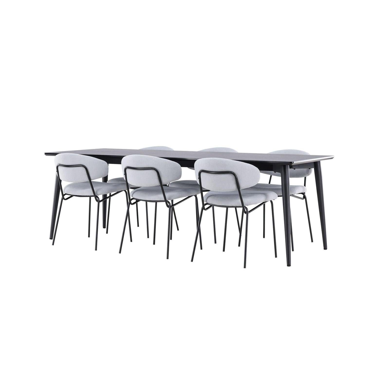 Essgruppe Esstisch Ellis 230*85cm mit Stühlen Chico aus Teddy-Bouclé - Schwarz/Grau-Essgruppen Rechteckig-Venture Home-le canapé