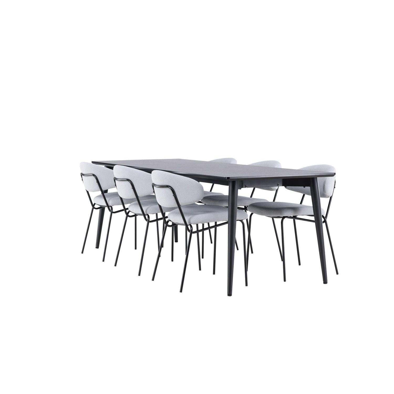 Essgruppe Esstisch Ellis 230*85cm mit Stühlen Chico aus Teddy-Bouclé - Schwarz/Grau-Essgruppen Rechteckig-Venture Home-le canapé