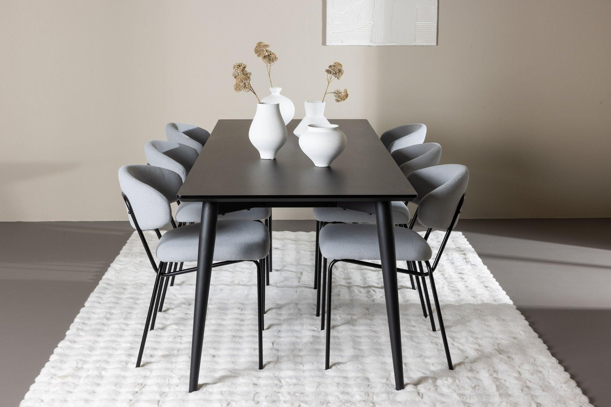 Essgruppe Esstisch Ellis 230*85cm mit Stühlen Chico aus Teddy-Bouclé - Schwarz/Grau-Essgruppen Rechteckig-Venture Home-le canapé