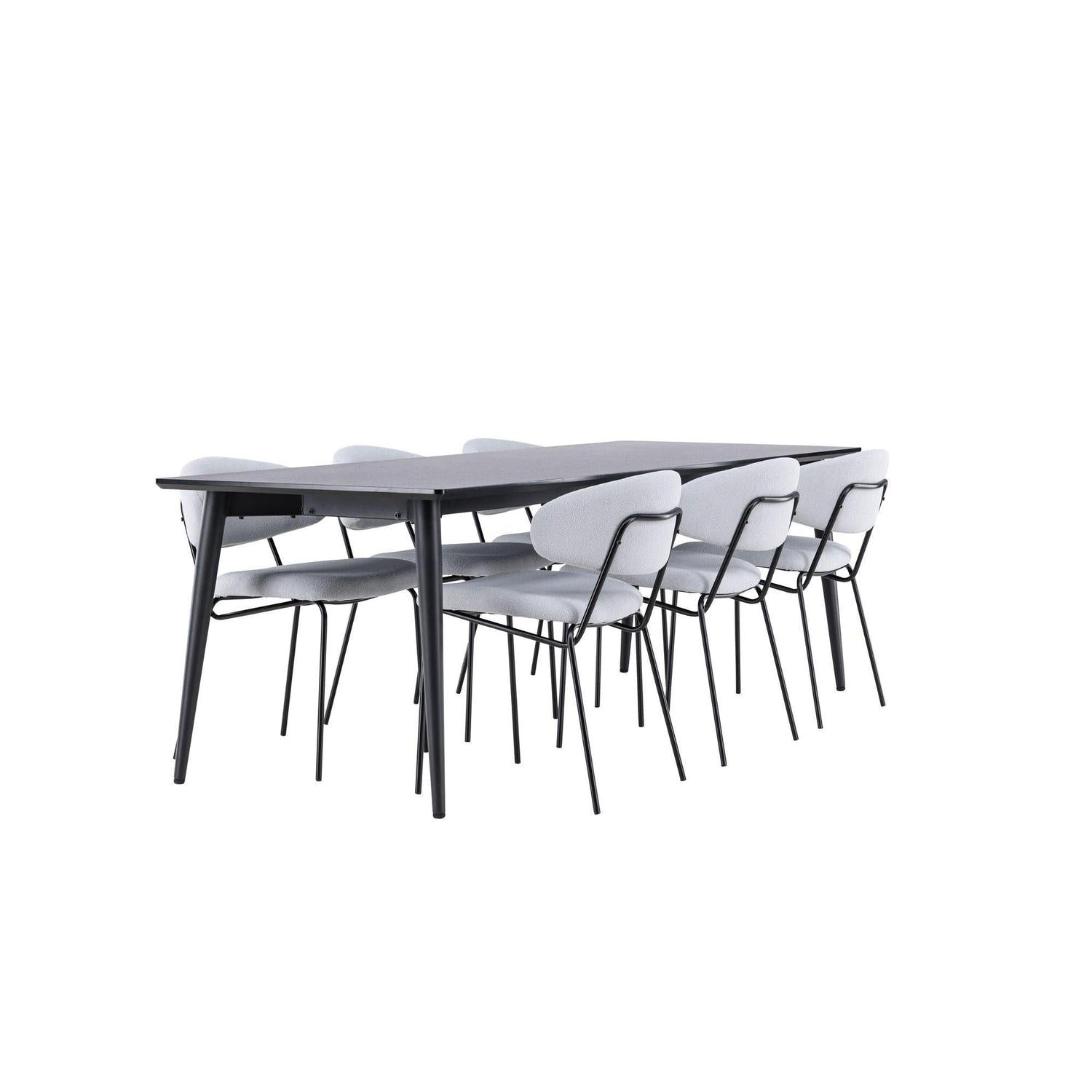 Essgruppe Esstisch Ellis 230*85cm mit Stühlen Chico aus Teddy-Bouclé - Schwarz/Grau-Essgruppen Rechteckig-Venture Home-le canapé