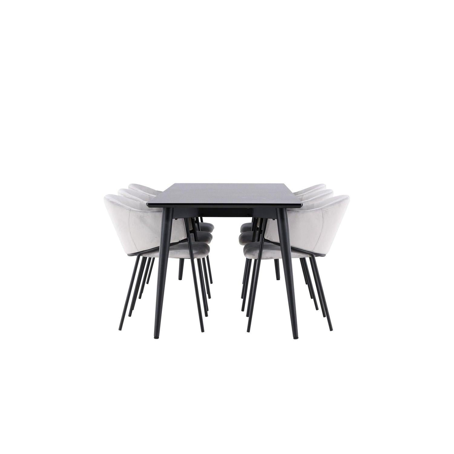 Essgruppe Esstisch Ellis 230*85cm mit Stühlen Evelina aus Samt - Schwarz/Grau-Essgruppen Rechteckig-Venture Home-le canapé