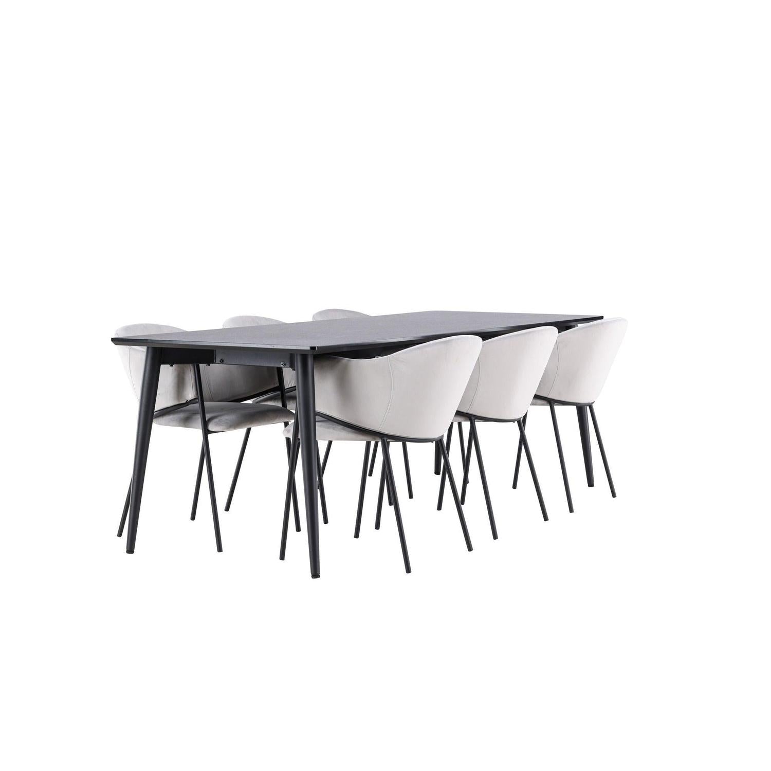 Essgruppe Esstisch Ellis 230*85cm mit Stühlen Evelina aus Samt - Schwarz/Grau-Essgruppen Rechteckig-Venture Home-le canapé