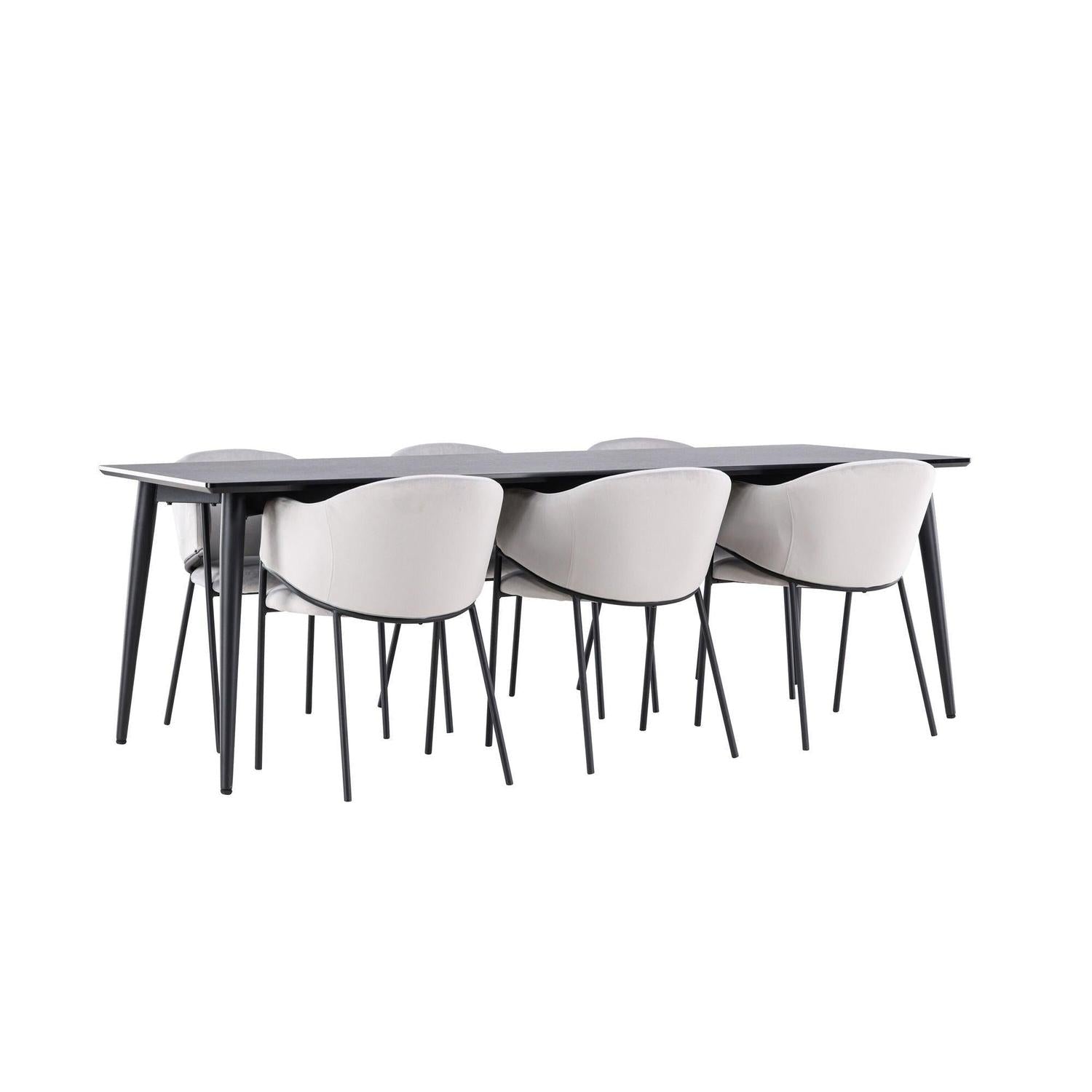 Essgruppe Esstisch Ellis 230*85cm mit Stühlen Evelina aus Samt - Schwarz/Grau-Essgruppen Rechteckig-Venture Home-le canapé
