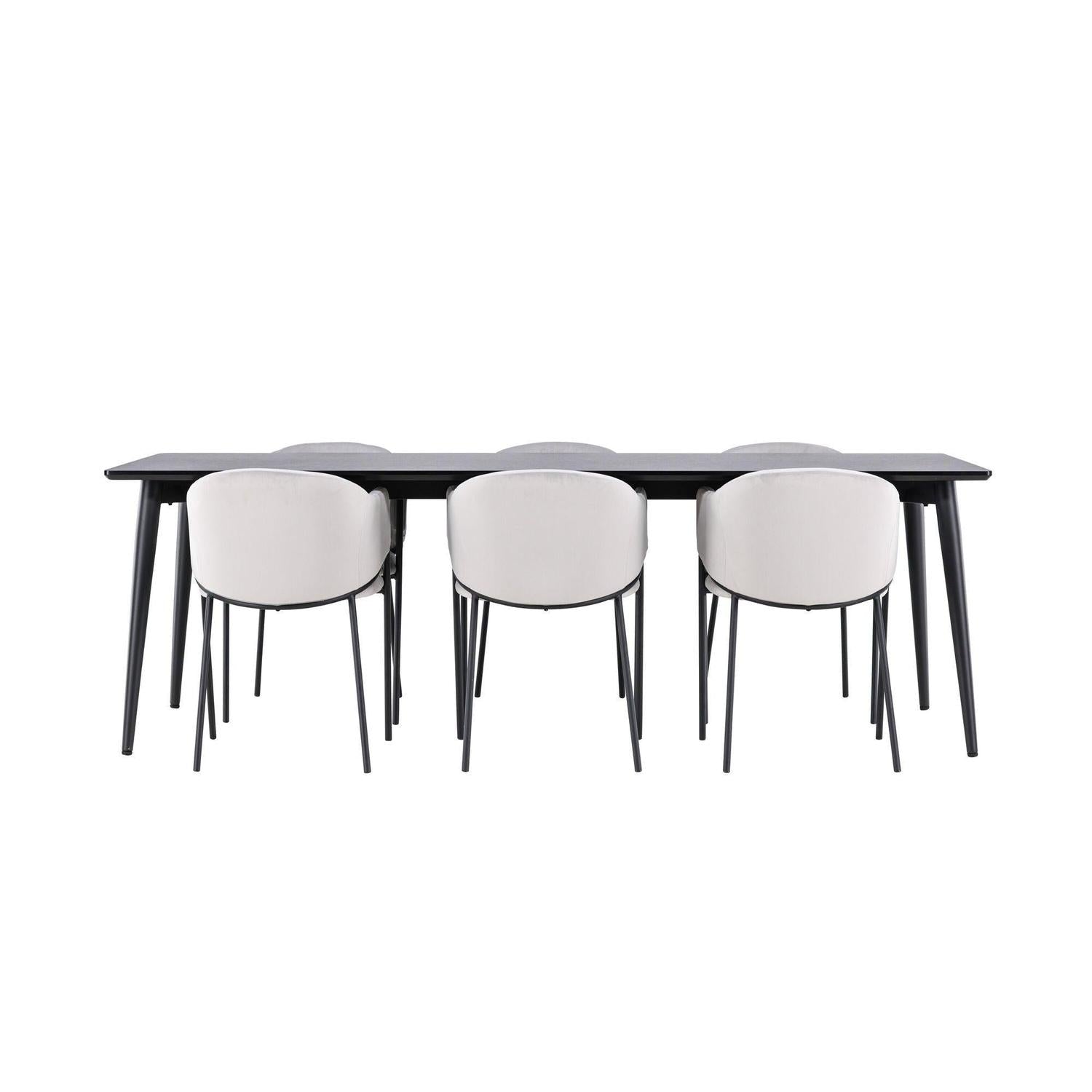 Essgruppe Esstisch Ellis 230*85cm mit Stühlen Evelina aus Samt - Schwarz/Grau-Essgruppen Rechteckig-Venture Home-le canapé