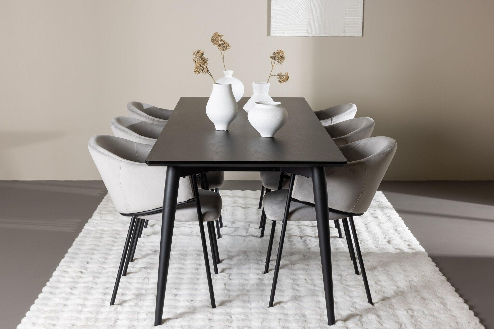 Essgruppe Esstisch Ellis 230*85cm mit Stühlen Evelina aus Samt - Schwarz/Grau-Essgruppen Rechteckig-Venture Home-le canapé