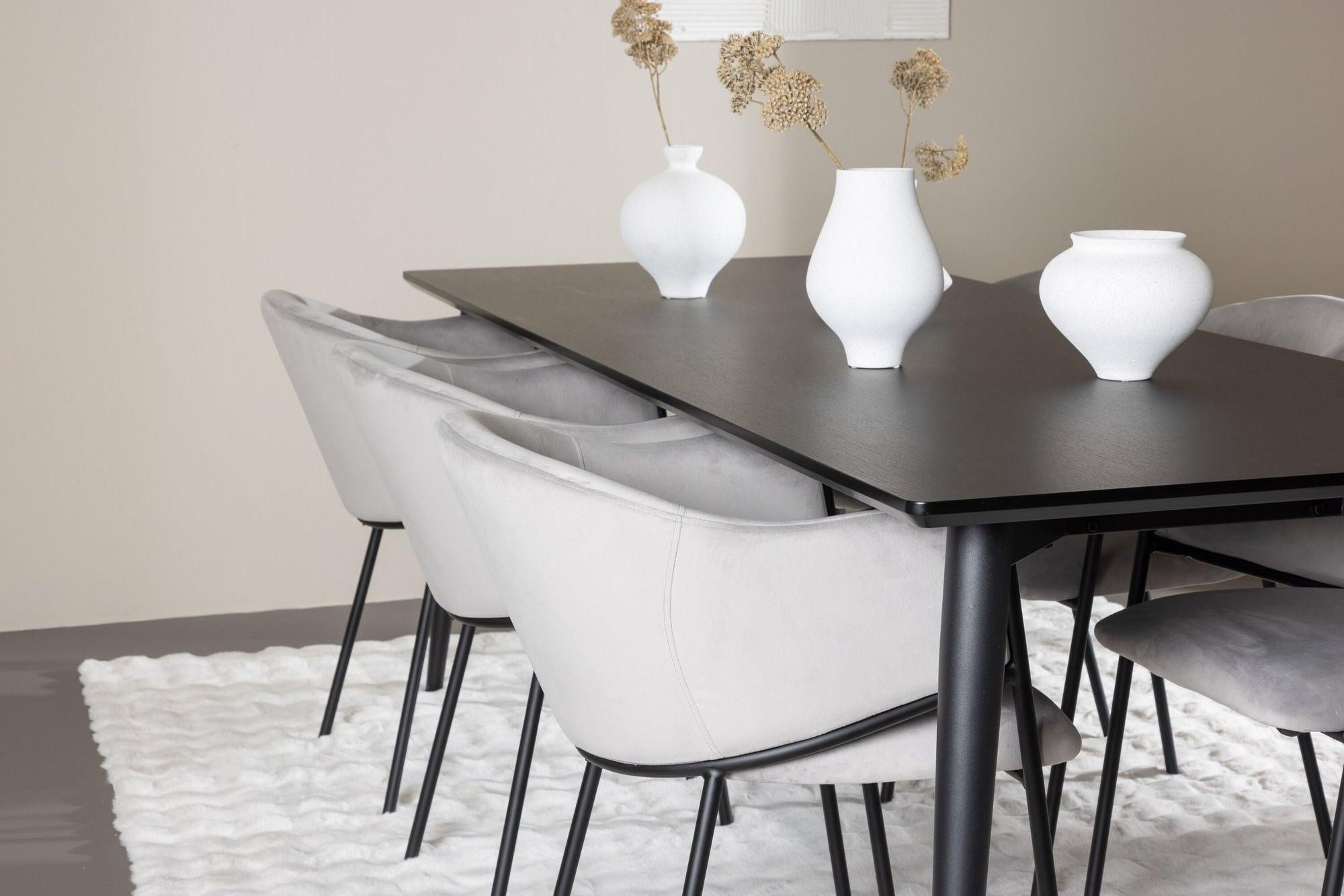 Essgruppe Esstisch Ellis 230*85cm mit Stühlen Evelina aus Samt - Schwarz/Grau-Essgruppen Rechteckig-Venture Home-le canapé