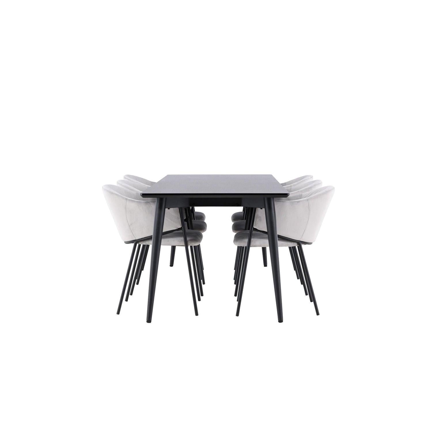Essgruppe Esstisch Ellis 230*85cm mit Stühlen Evelina aus Samt - Schwarz/Grau-Essgruppen Rechteckig-Venture Home-le canapé