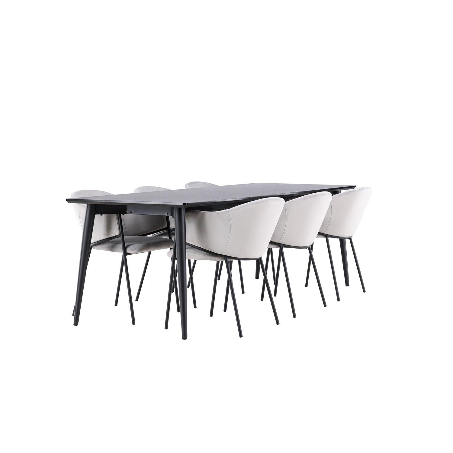 Essgruppe Esstisch Ellis 230*85cm mit Stühlen Evelina aus Samt - Schwarz/Grau-Essgruppen Rechteckig-Venture Home-le canapé