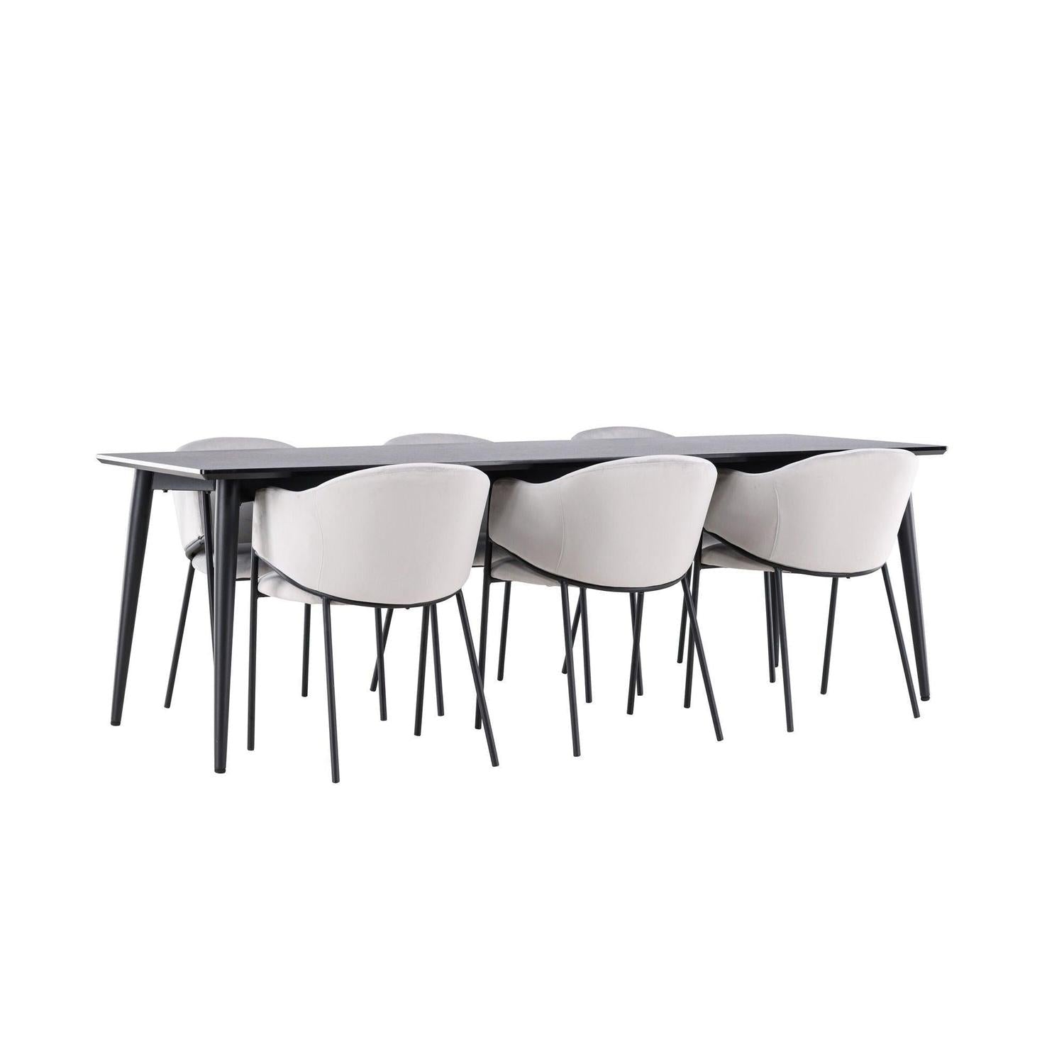 Essgruppe Esstisch Ellis 230*85cm mit Stühlen Evelina aus Samt - Schwarz/Grau-Essgruppen Rechteckig-Venture Home-le canapé