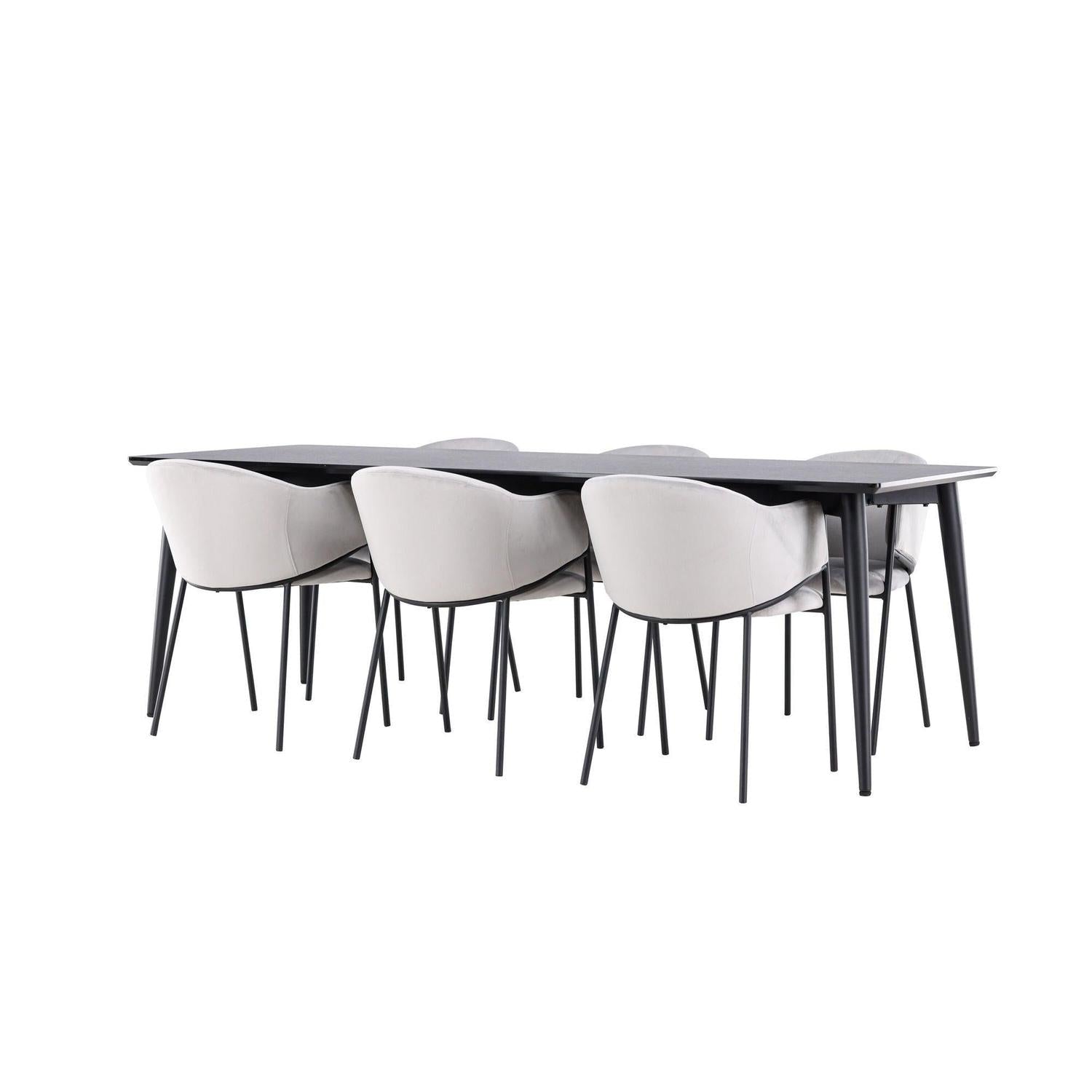 Essgruppe Esstisch Ellis 230*85cm mit Stühlen Evelina aus Samt - Schwarz/Grau-Essgruppen Rechteckig-Venture Home-le canapé