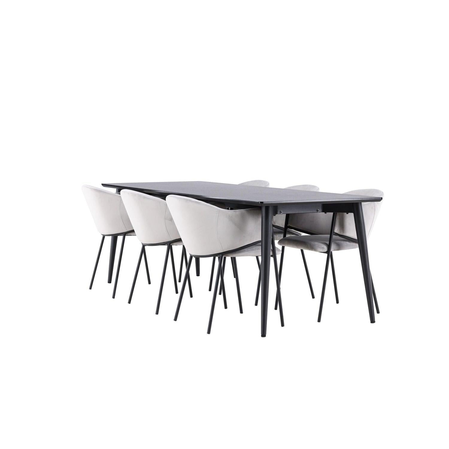 Essgruppe Esstisch Ellis 230*85cm mit Stühlen Evelina aus Samt - Schwarz/Grau-Essgruppen Rechteckig-Venture Home-le canapé