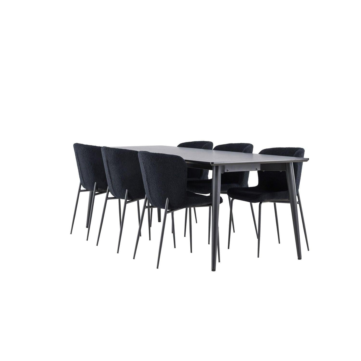 Essgruppe Esstisch Ellis 230*85cm mit Stühlen Modesto aus Teddy-Bouclé - Schwarz-Essgruppe Rechteckig-Venture Home-le canapé