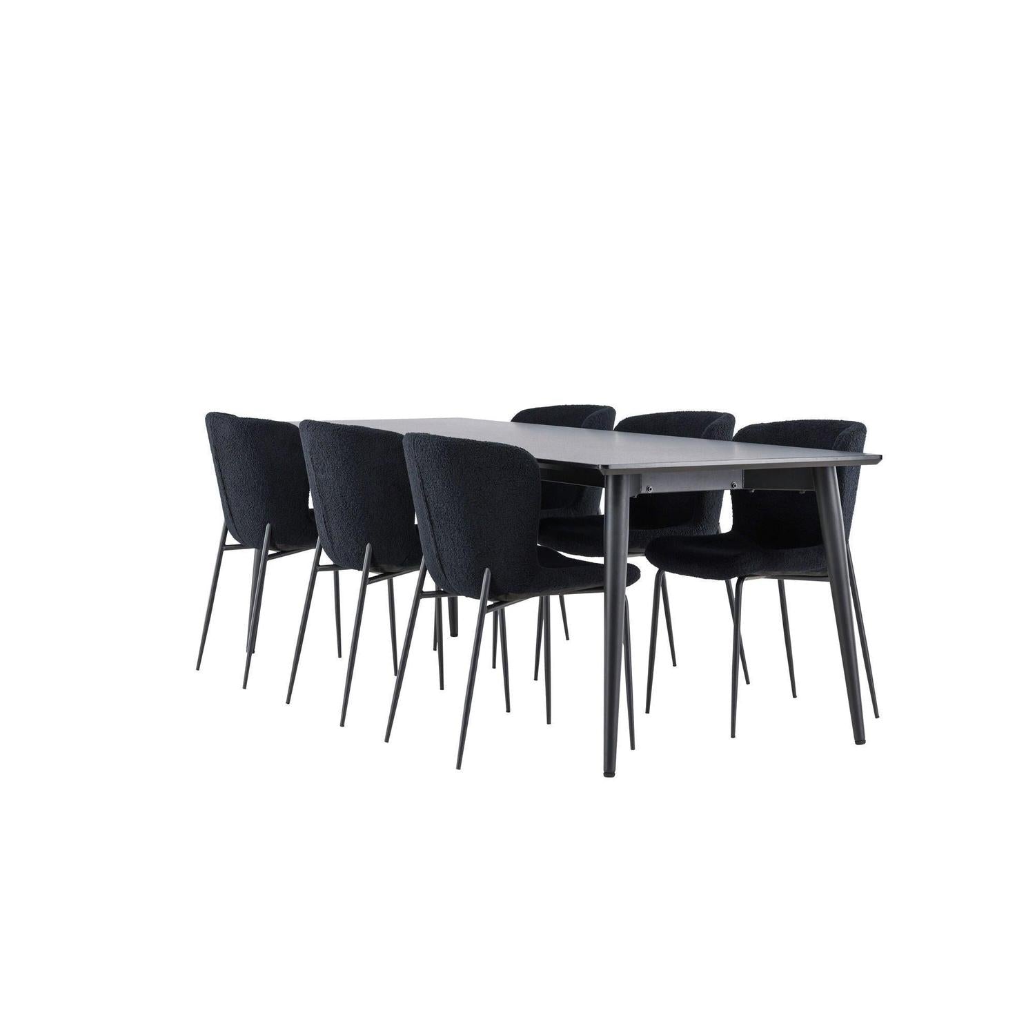 Essgruppe Esstisch Ellis 230*85cm mit Stühlen Modesto aus Teddy-Bouclé - Schwarz-Essgruppe Rechteckig-Venture Home-le canapé