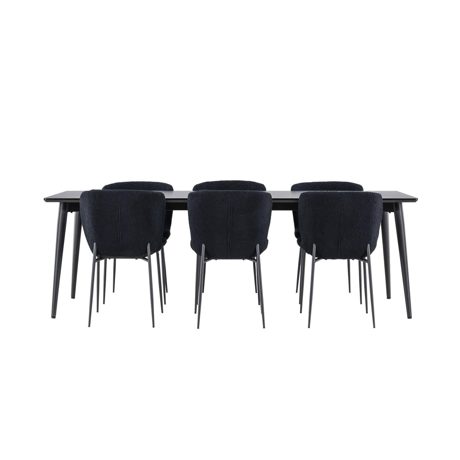 Essgruppe Esstisch Ellis 230*85cm mit Stühlen Modesto aus Teddy-Bouclé - Schwarz-Essgruppen Rechteckig-Venture Home-le canapé