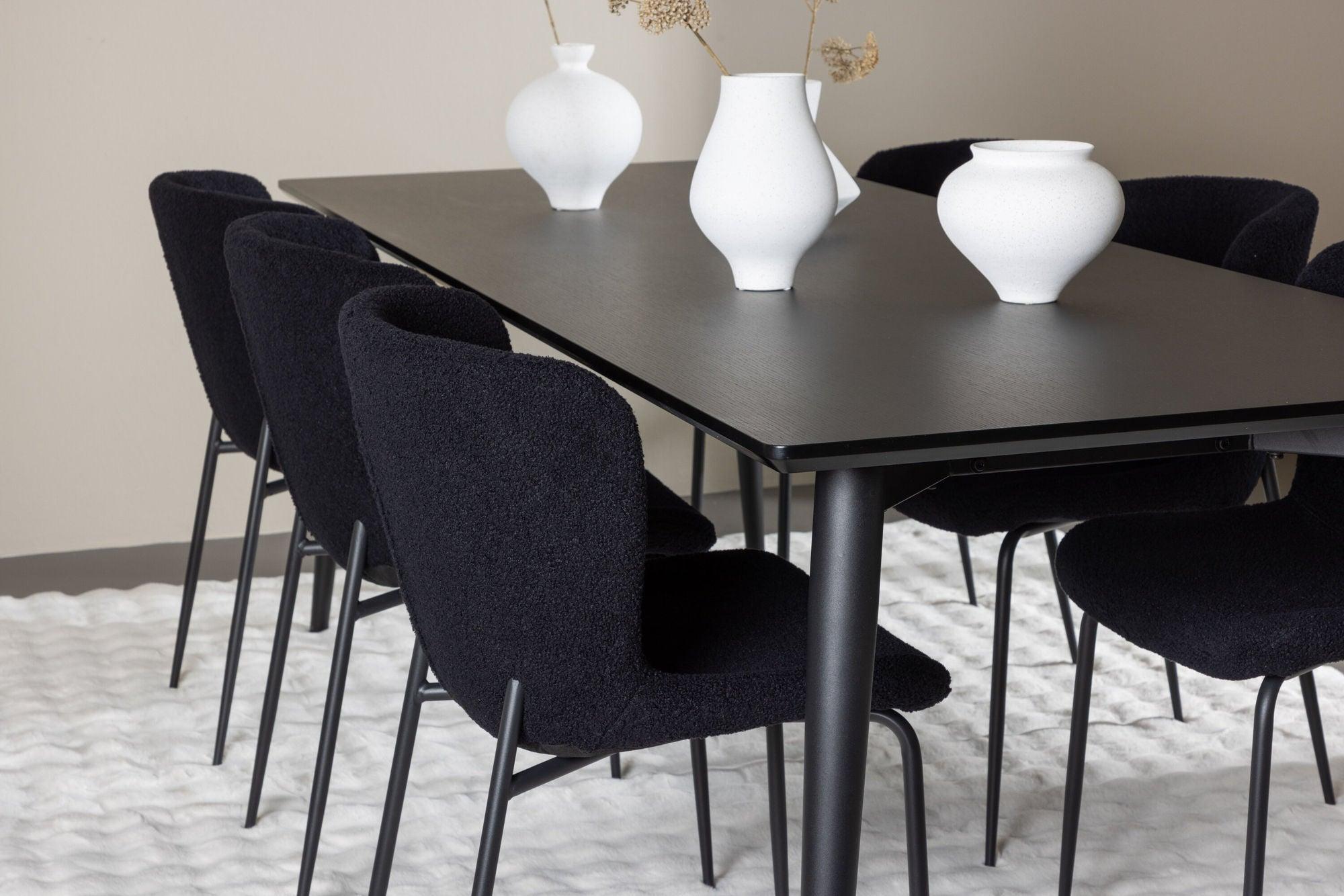 Essgruppe Esstisch Ellis 230*85cm mit Stühlen Modesto aus Teddy-Bouclé - Schwarz-Essgruppen Rechteckig-Venture Home-le canapé