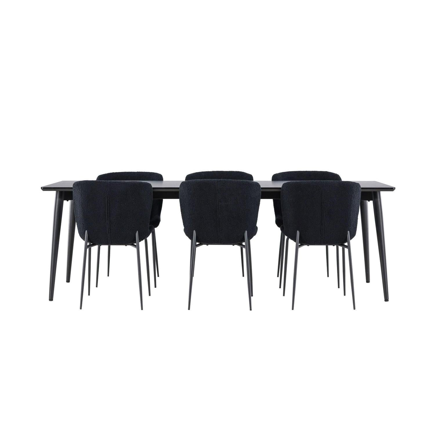 Essgruppe Esstisch Ellis 230*85cm mit Stühlen Modesto aus Teddy-Bouclé - Schwarz-Essgruppen Rechteckig-Venture Home-le canapé