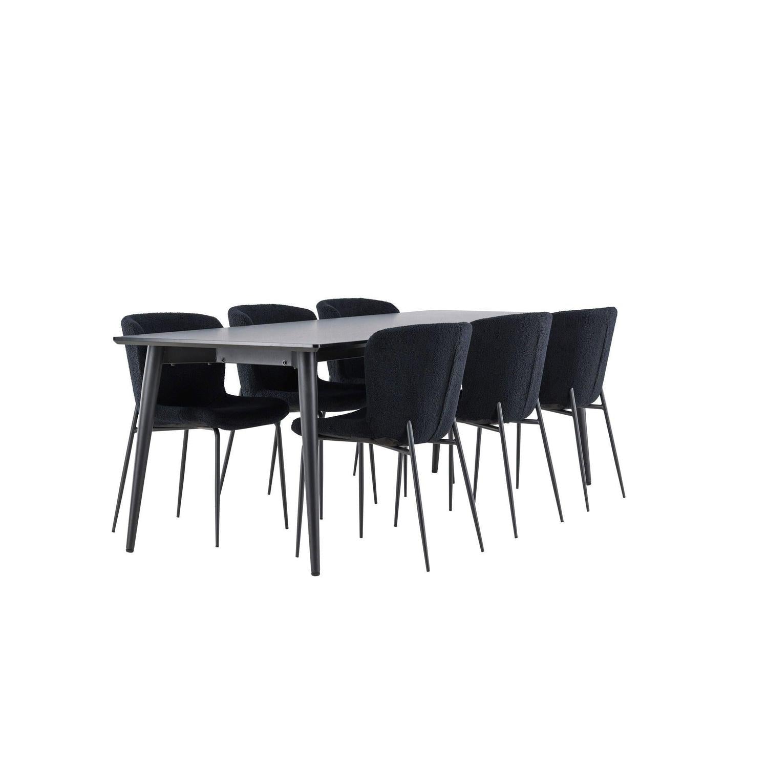 Essgruppe Esstisch Ellis 230*85cm mit Stühlen Modesto aus Teddy-Bouclé - Schwarz-Essgruppen Rechteckig-Venture Home-le canapé