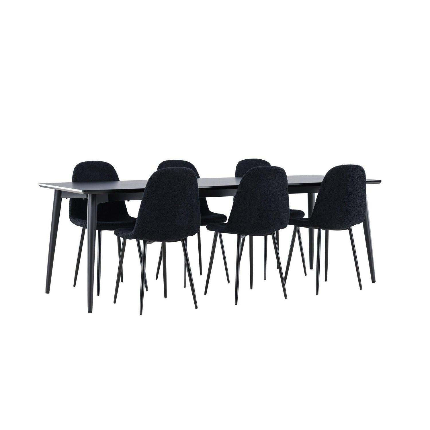 Essgruppe Esstisch Ellis 230*85cm mit Stühlen Polar aus Teddy- Bouclé - Schwarz-Essgruppe Rechteckig-Venture Home-le canapé