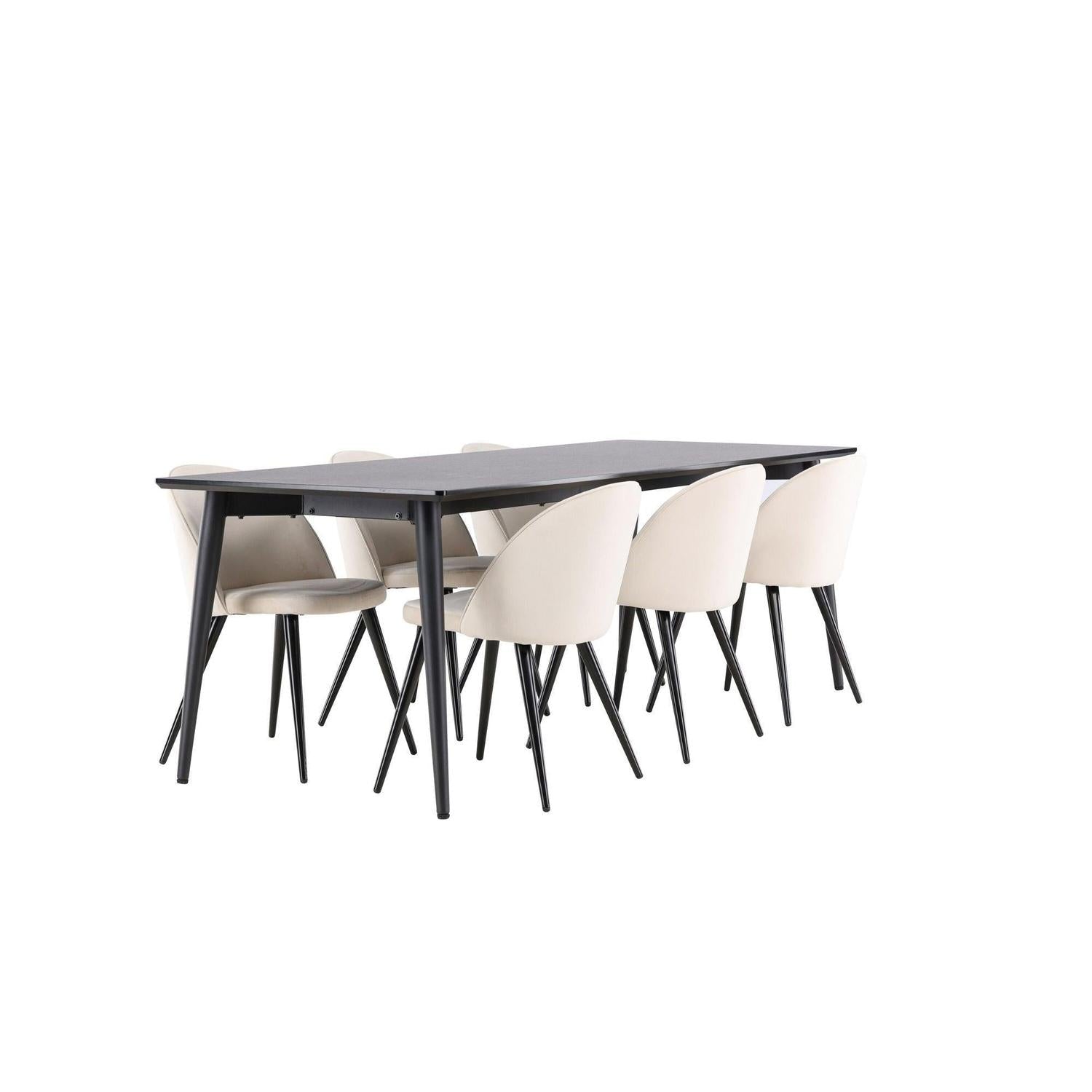 Essgruppe Esstisch Ellis 230*85cm mit Stühlen Velvet aus Samt - Schwarz/Beige-Essgruppen Rechteckig-Venture Home-le canapé