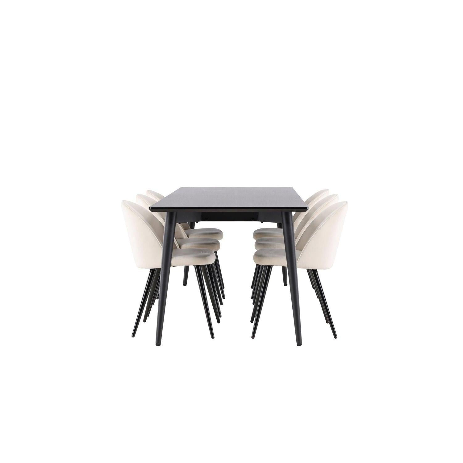 Essgruppe Esstisch Ellis 230*85cm mit Stühlen Velvet aus Samt - Schwarz/Beige-Essgruppen Rechteckig-Venture Home-le canapé