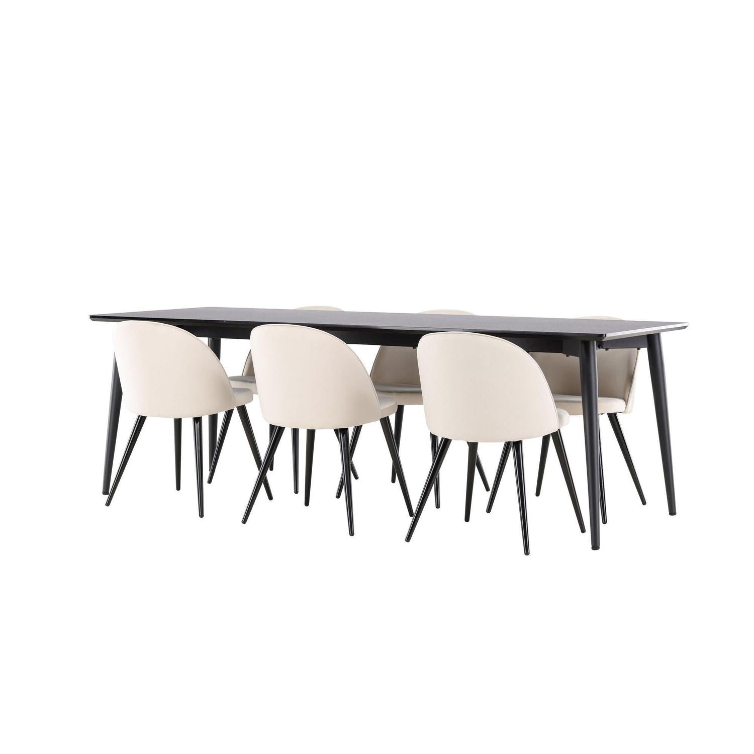 Essgruppe Esstisch Ellis 230*85cm mit Stühlen Velvet aus Samt - Schwarz/Beige-Essgruppen Rechteckig-Venture Home-le canapé